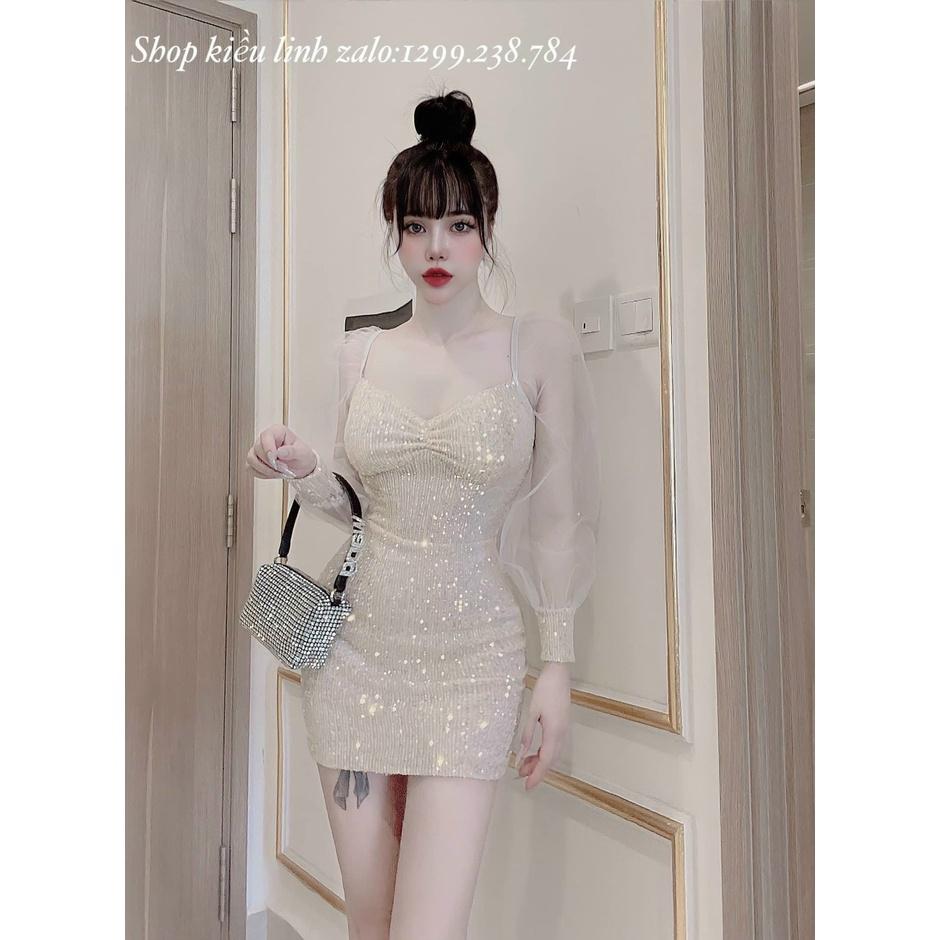 Đầm body kim sa phối tay lưới