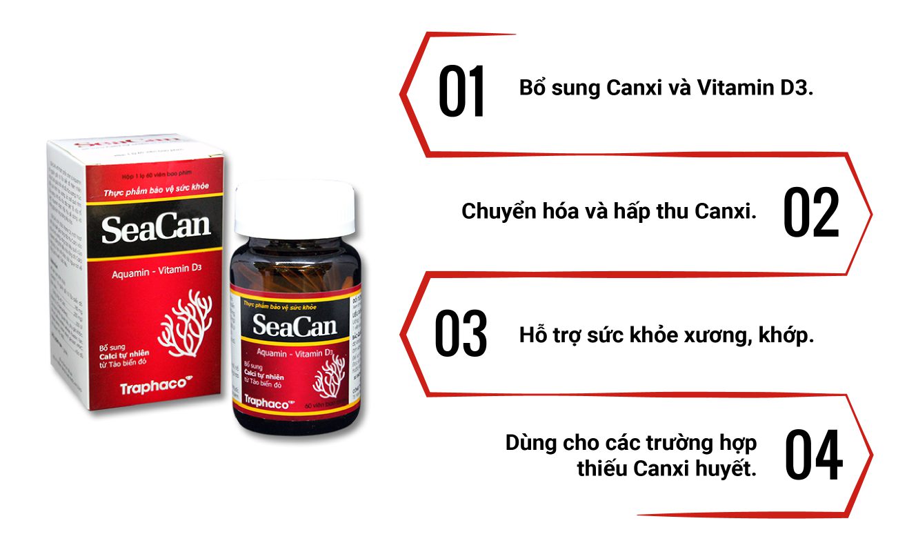 Canxi Seacan - Viên uống hỗ trợ tăng chiều cao và phòng ngừa loãng xương / Seacan Bổ sung canxi hữu cơ từ tảo biển và Vitamin D3 Magie của Traphaco, giảm loãng xương, tăng chiều cao, lọ 60 viên