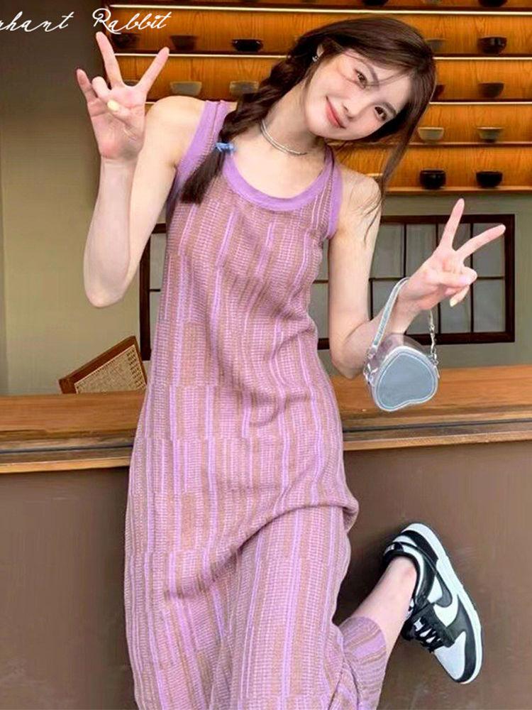 TOBE1SHOP Vintage màu tím kỳ nghỉ hiển thị mỏng sọc dệt kim treo váy maxi boho tay áo dệt kim vest đầm cho phụ nữ