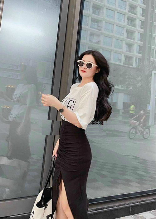 Set Áo Và Chân Váy Thun Xẻ Tà Rút Dây Duyên Dáng
