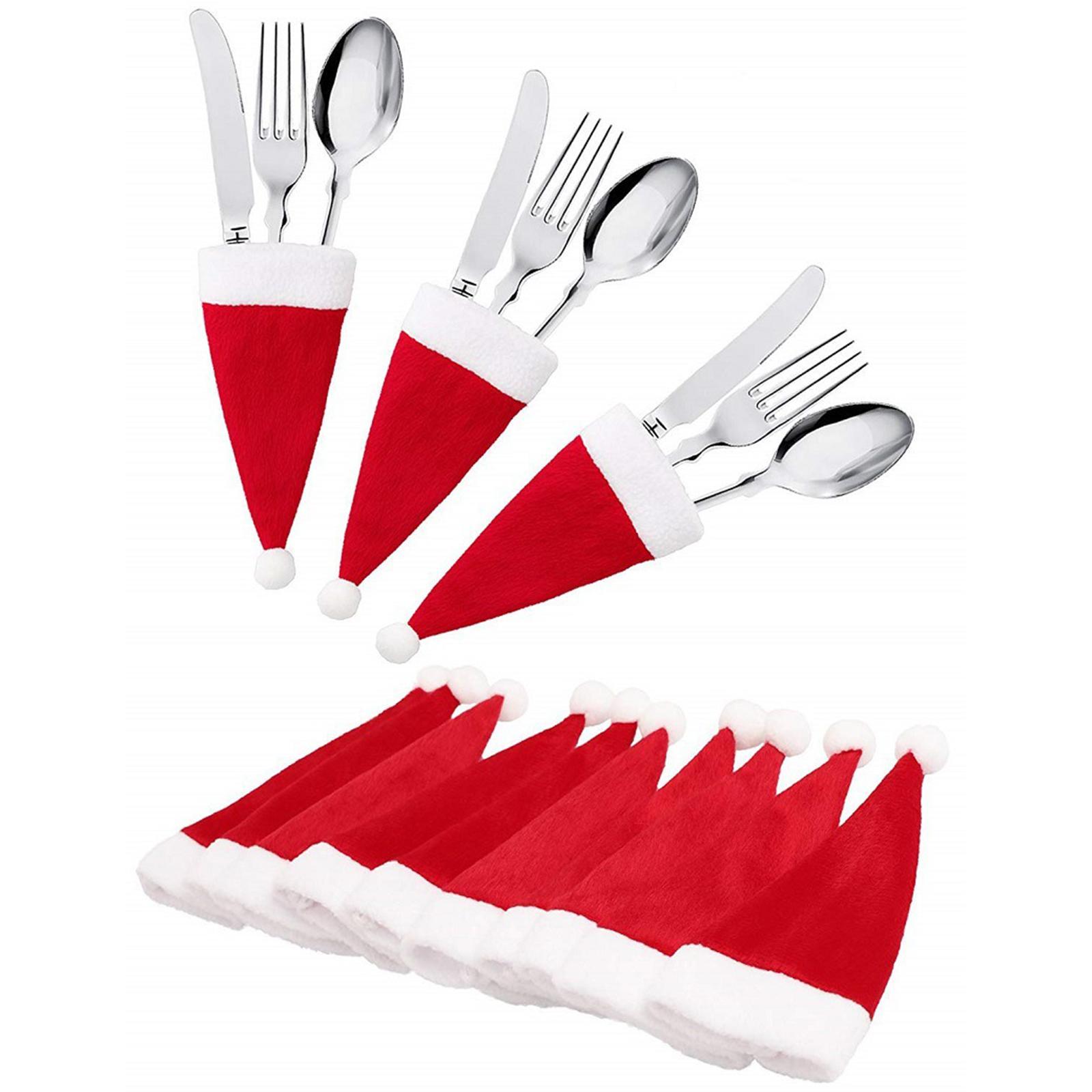 10Pcs Christmas Hat Christmas Presents Home Decoration Accessories Ornaments Pockets Tableware Holder Bag Cutlery Holder Silverware Holders