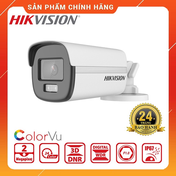 Camera có màu ban đêm, camera thân trụ ColorVu 2MP DS-2CE10DF0T-F hỗ trợ đèn sáng báo động - Hàng chính hãng