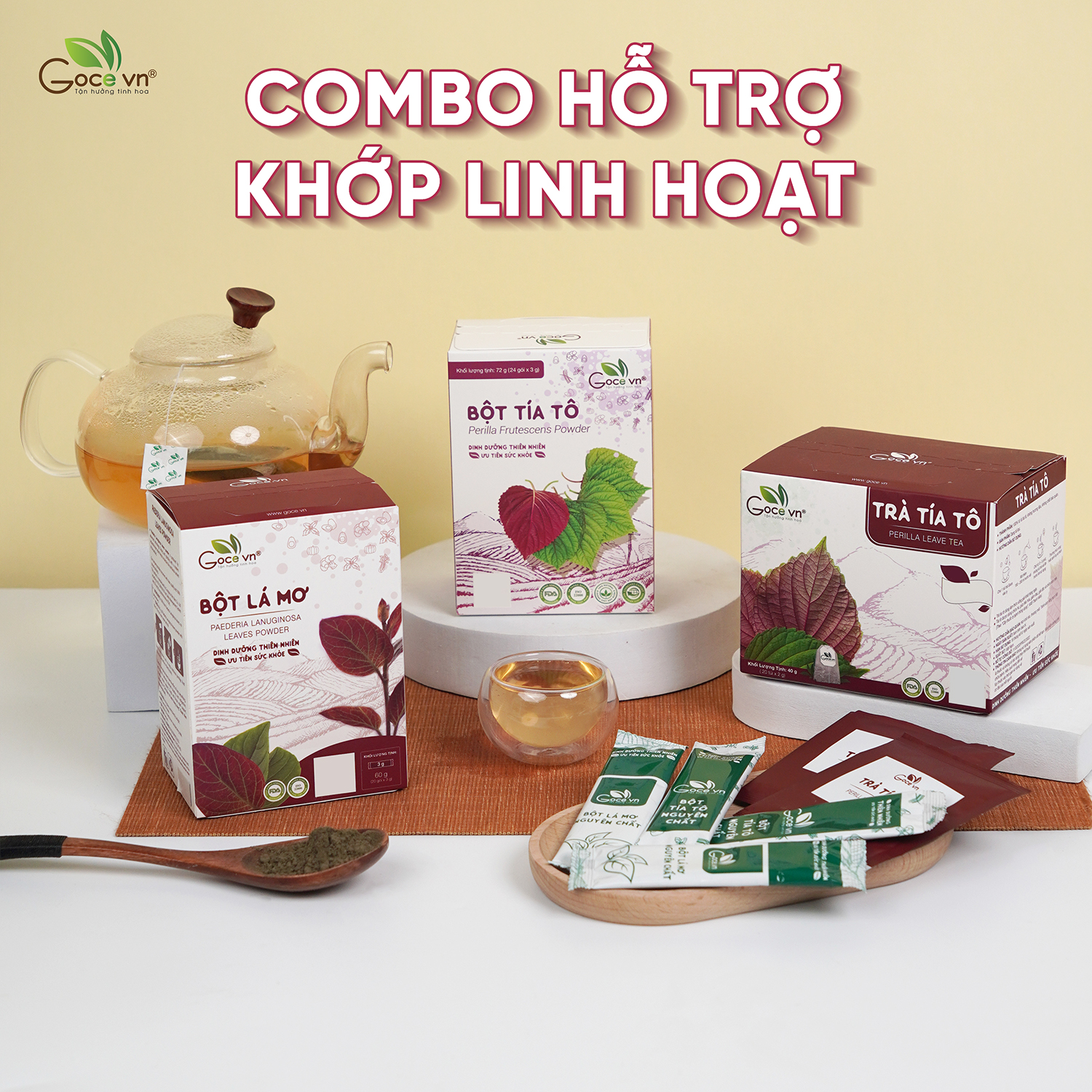 Combo Khớp linh hoạt (1 hộp Trà tía tô túi lọc 40g, 1 hộp Bôt tía tô 72g, 1 hộp Bột lá mơ 60g)