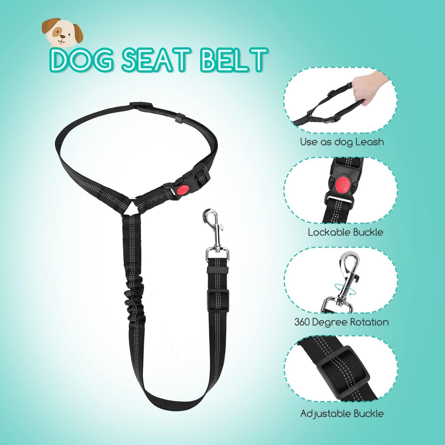 Đai xe cho chó, 2 miếng đai an toàn cho chó với khả năng hấp thụ sốc đàn hồi và dải phản quang, đai tựa đầu xe có thể điều chỉnh cho chó, màu đen