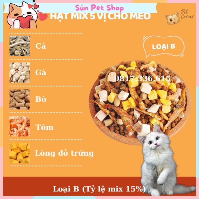 Hạt mix cao cấp cho mèo trộn thịt bò, gà, tôm, cá, lòng đỏ trứng, rau củ quả - Thức ăn hạt cho mèo kén ăn