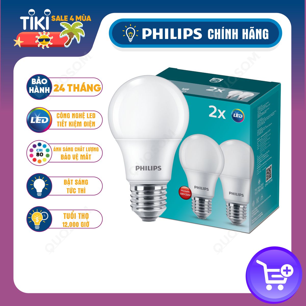 Bộ 2 bóng đèn LED Bulb PHILIPS Essential E27 - Tiết kiệm điện, Ánh sáng chất lượng cao - Hàng Chính Hãng