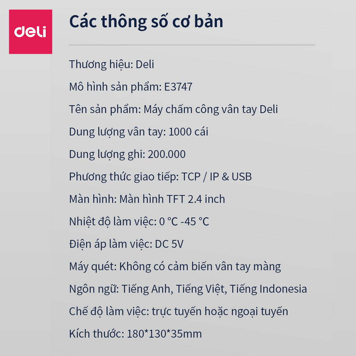 Máy Chấm Công Quét Vân Tay Và Khuôn Mặt Deli - Độ Chính Xác Cao, Kết Nối USB - Dung Lượng Lưu Trữ Gấp Đôi - Hàng Chính Hãng - E3747PRO