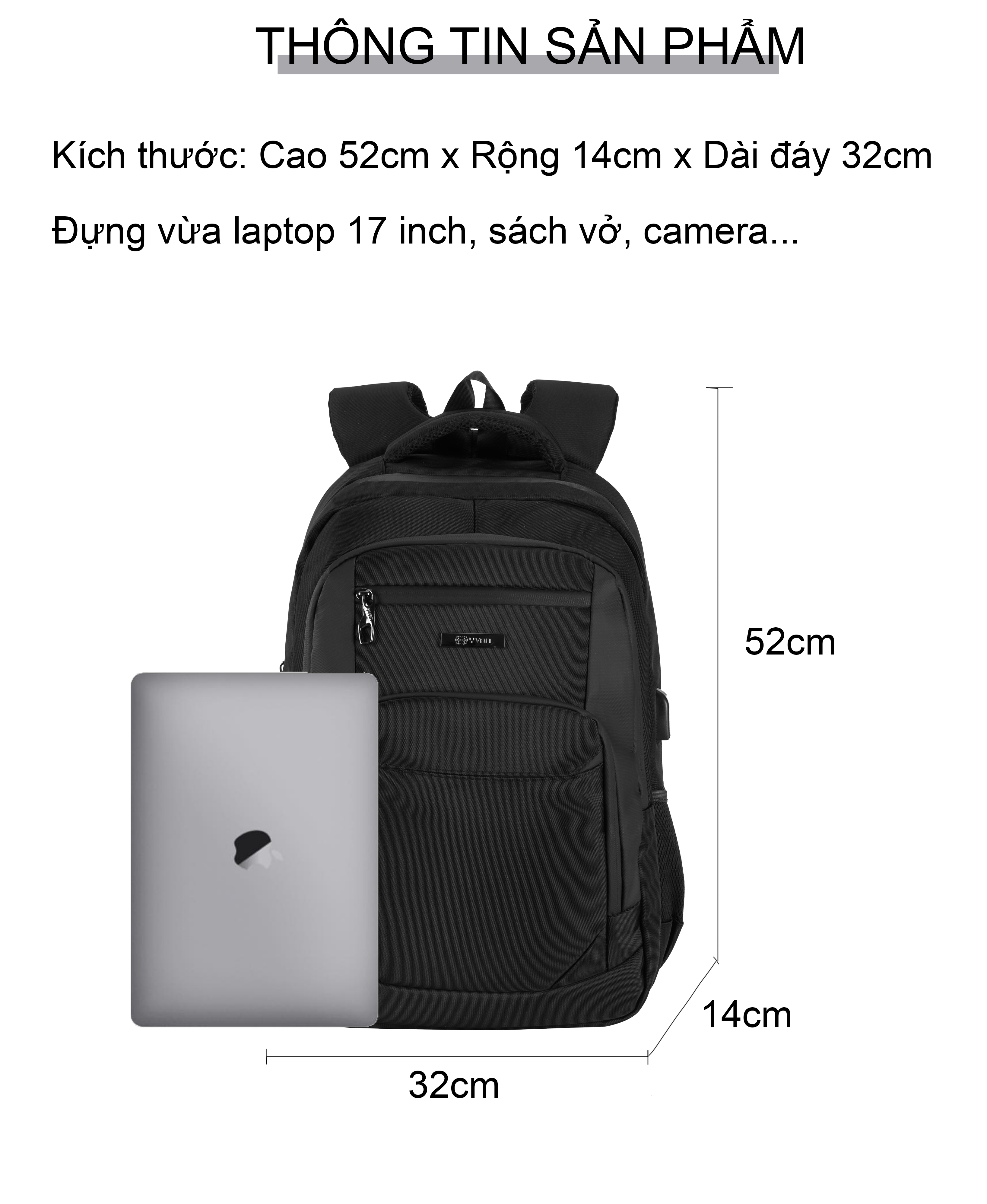 Balo nam đi học đi làm đựng laptop 17inch màu đen trơn size lớn 0212