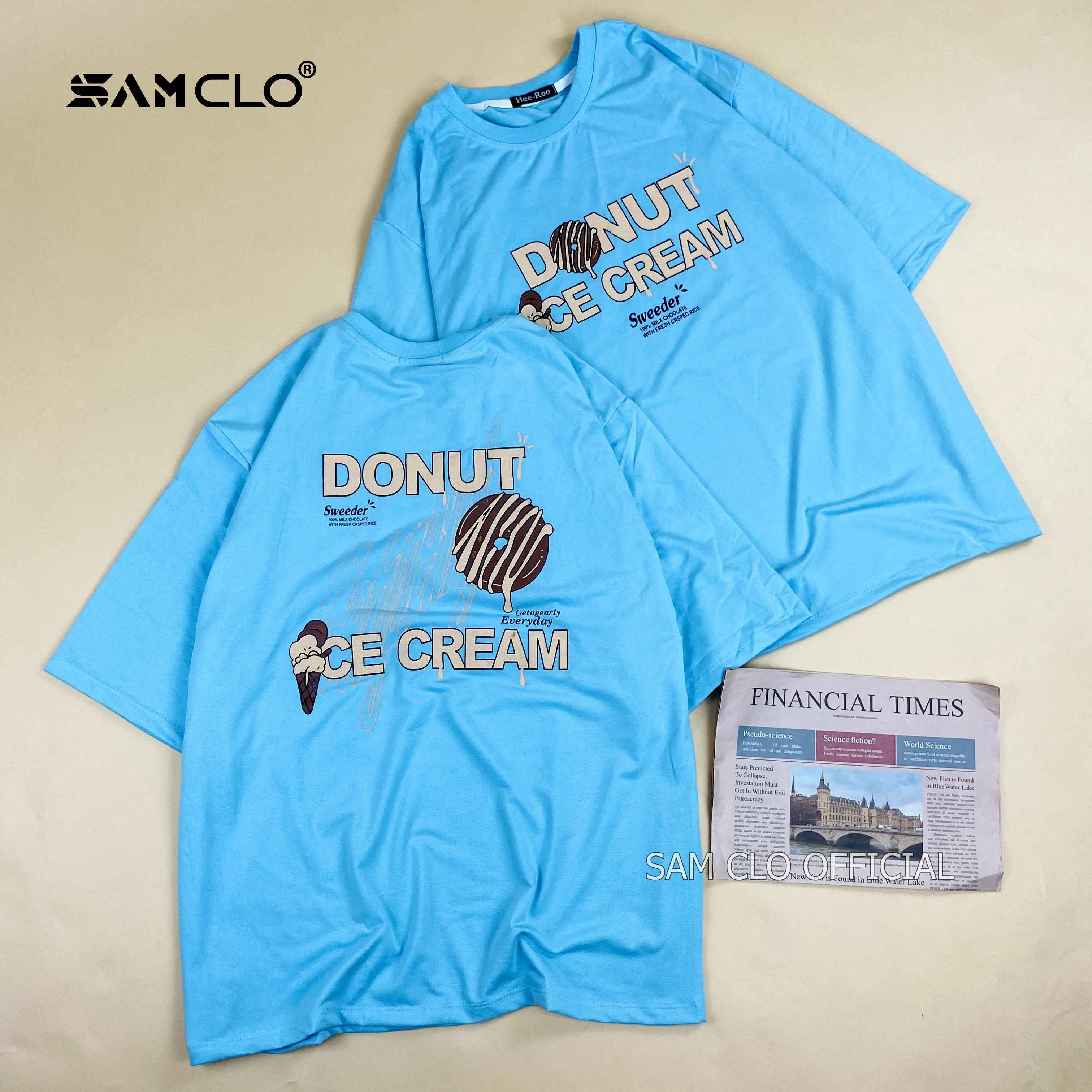 Áo thun tay lỡ nữ SAM CLO freesize phông form rộng dáng Unisex - mặc cặp, nhóm, lớp in hình bánh DONUT ICE CREAM màu xanh dương