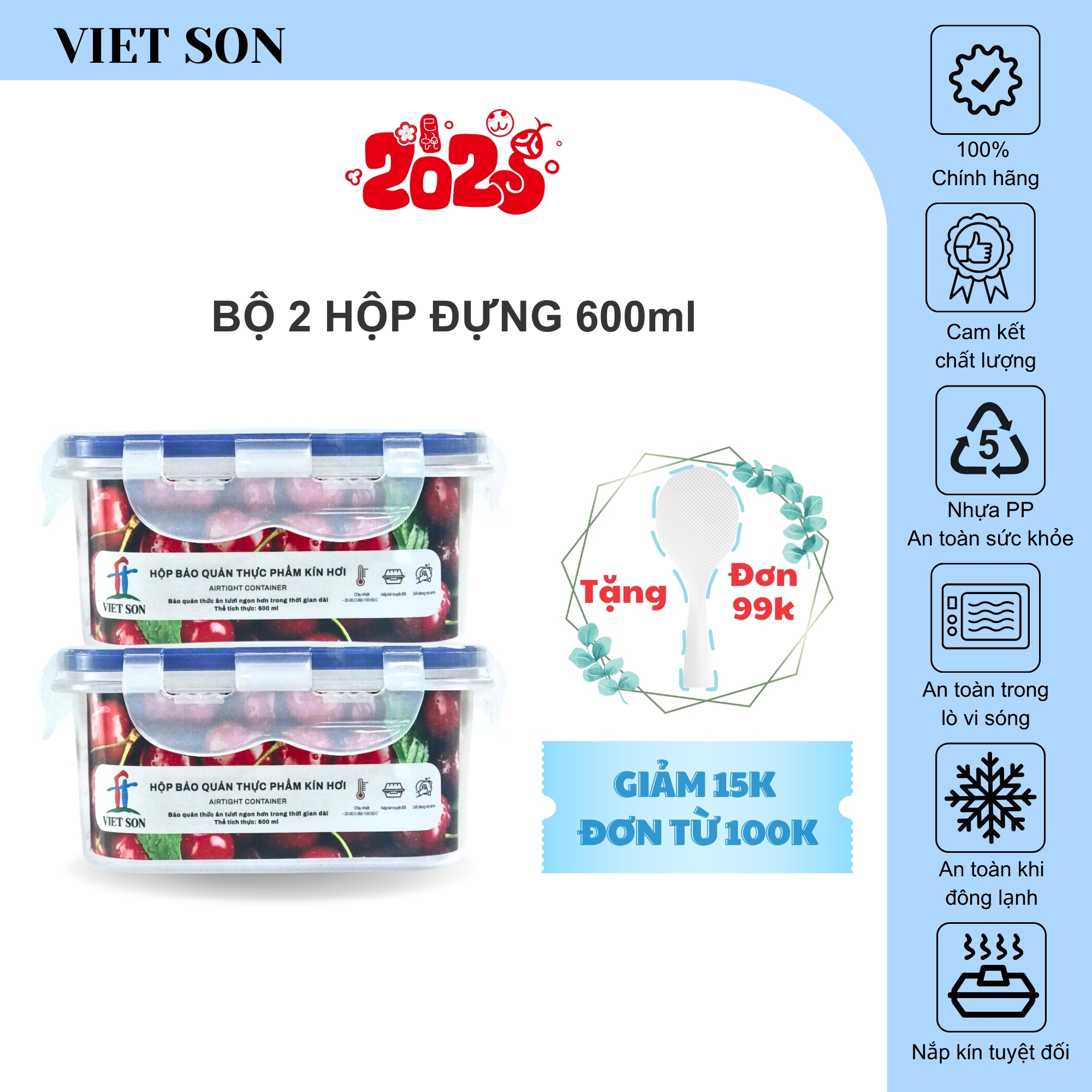 [TẶNG KHAY RÁO NƯỚC] Bộ 2 Hộp Đựng Thực Phẩm VIETSON 600ml Nắp Khóa 4 Cạnh Kín Hơi