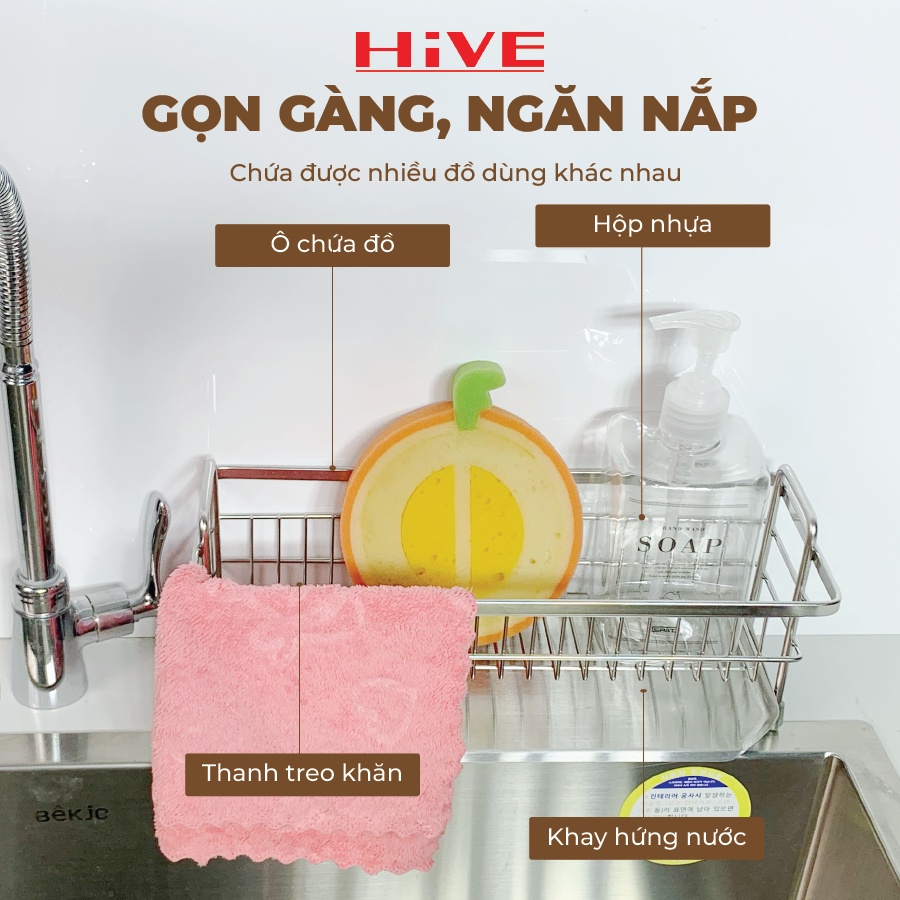 Rổ đựng dụng cụ rửa chén HiVE 304 wide rack_ Kèm Hộp nhựa + Khay inox