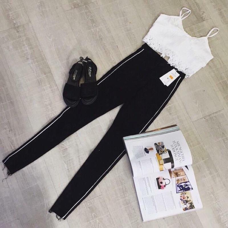 Quần skinny kaki VNXK rách gấu 2 màu đen trắng co dãn