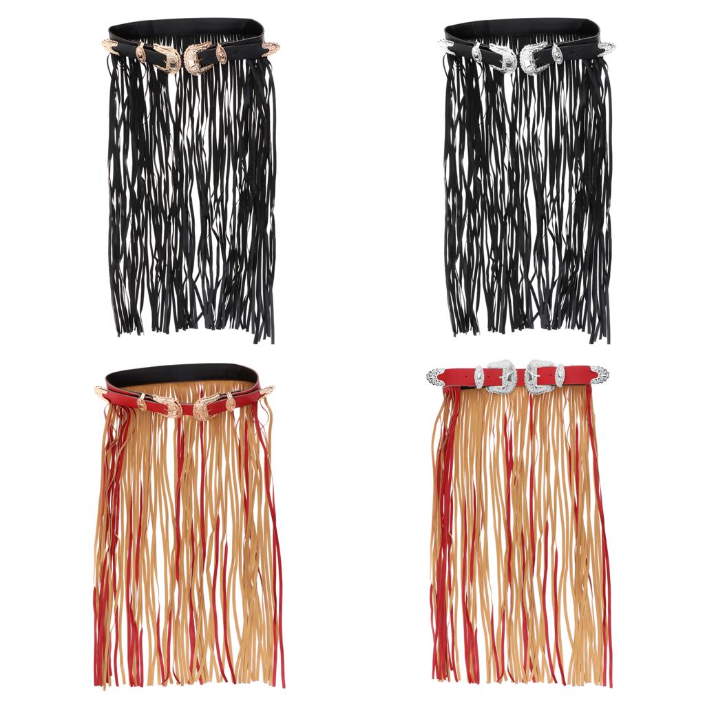 Fashion Women PU Leather Fringe Dress Punk Style Belt Buckle Long Tassel Skirt