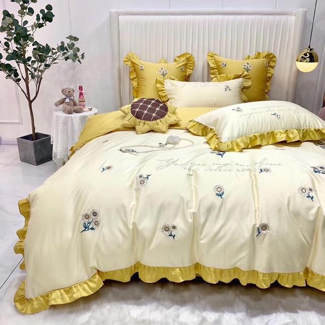 Bộ chăn ga gối lụa thêu 60s 6 món tặng kèm 1 gối