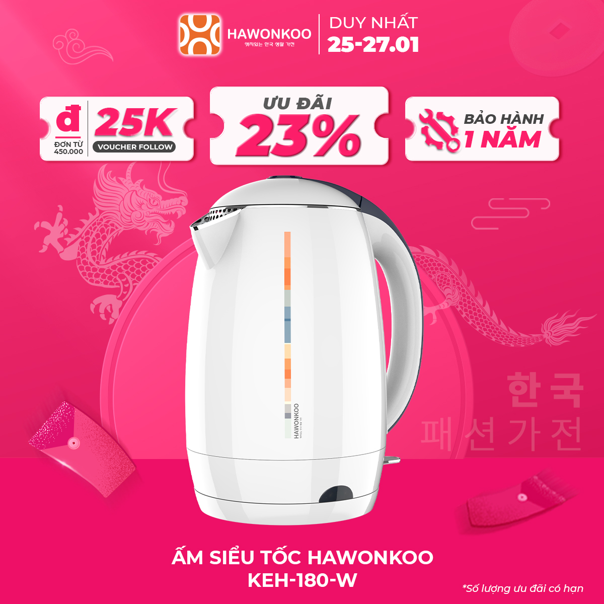 Ấm siêu tốc HAWONKOO KEH-180-W 1,8 Lít 1500W Trắng Hàng Chính Hãng Bảo Hành 12 Tháng - Thương Hiệu Hàn Quốc