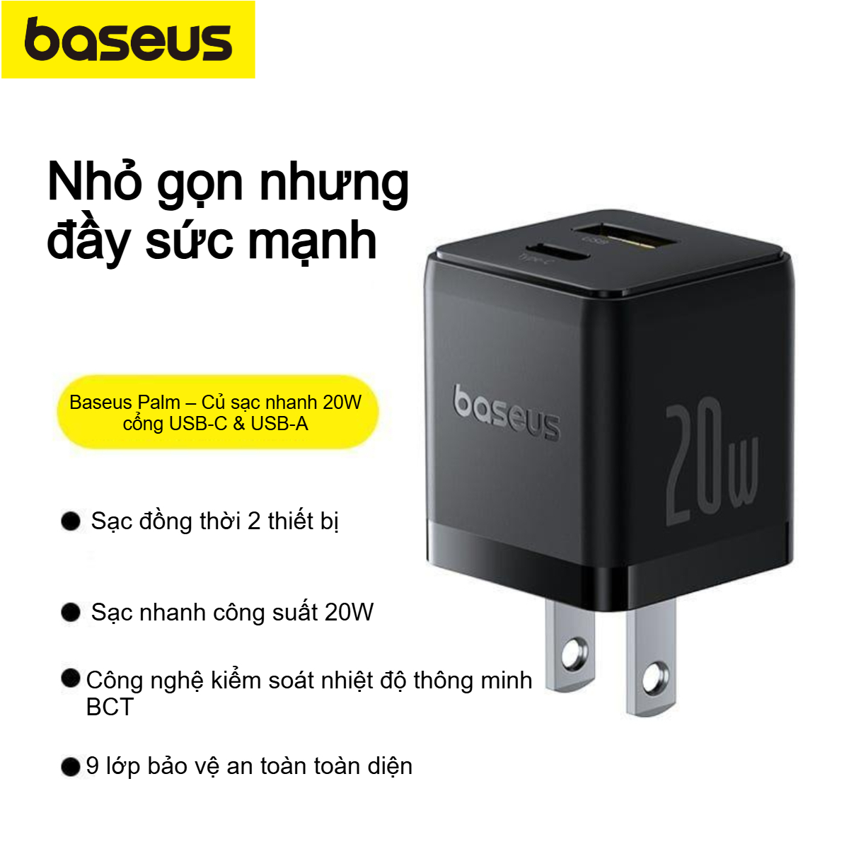 Bộ sạc nhanh nhỏ gọn 2 cổng Baseus Palm U + C 20W (Kèm cáp C to C 60w dài 1M) - Hàng chính hãng