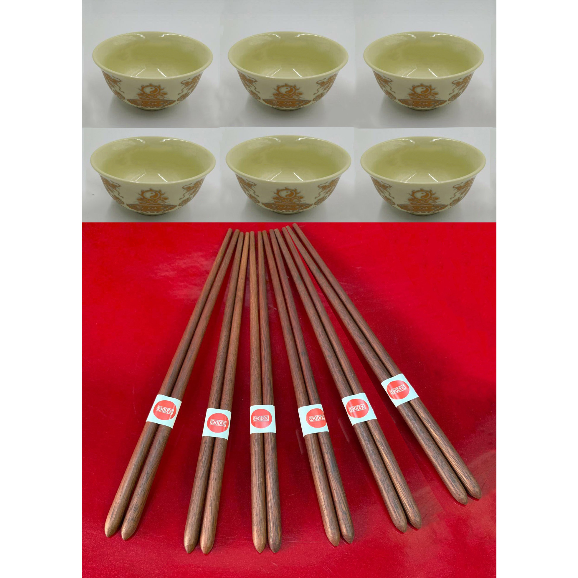 Bộ 6 bát cơm cúng & 6 đôi đũa gỗ cẩm đũa đẹp đũa sạch