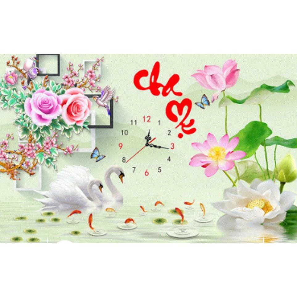 Tranh đá cha mẹ thiên nga hoa sen đồng hồ LG1634 - kích thước: 75 * 50cm.