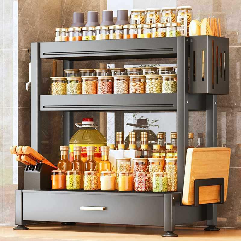 Giá đựng gia vị mặt bàn bếp ba tầng phong cách mới nhất với ngăn kéo Giá đựng chai lọ gia vị dầu muối gia vị đa chức năng
