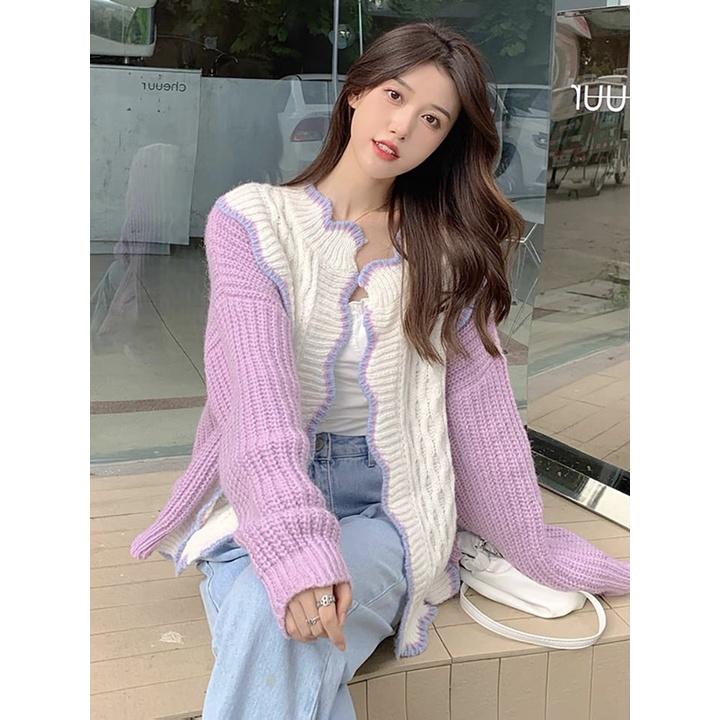Cardigan Len | Áo Khoác Cardigan Len Nữ Dệt Kim Dày Dặn Phối Trắng Tím Viền Lượn Sóng Ulzzang Hàn Quốc