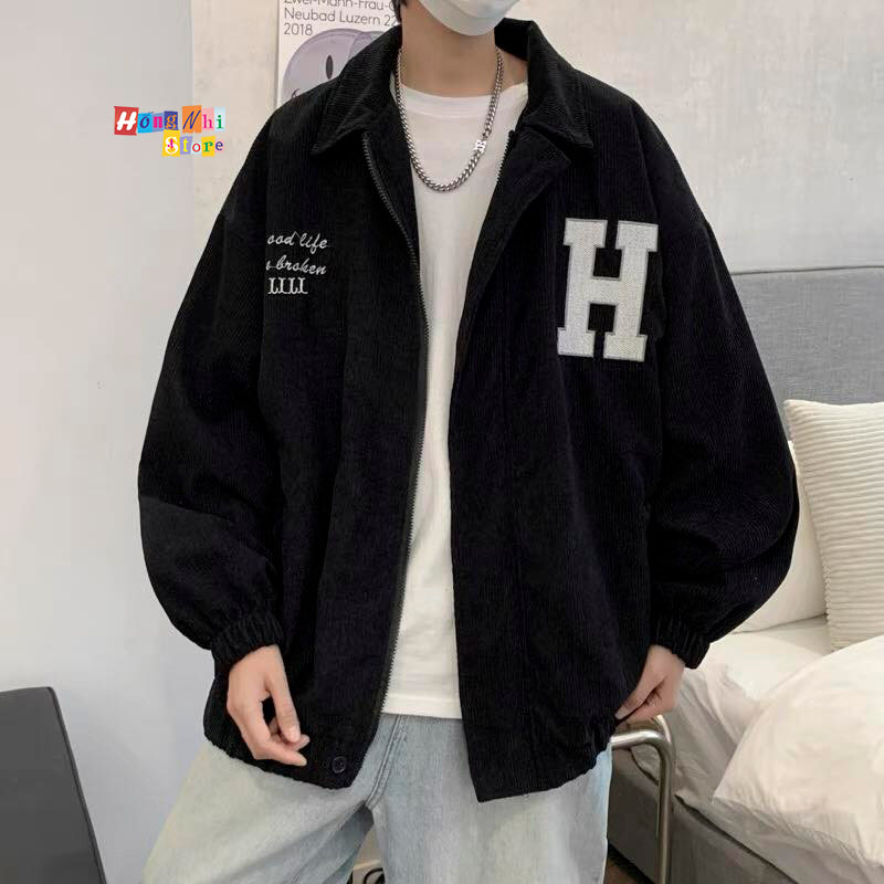Áo Khoác Bomber Nhung Tăm Thêu Chữ H Dây Kéo Dáng Rộng Nam Nữ Ulzzang Unisex - MM