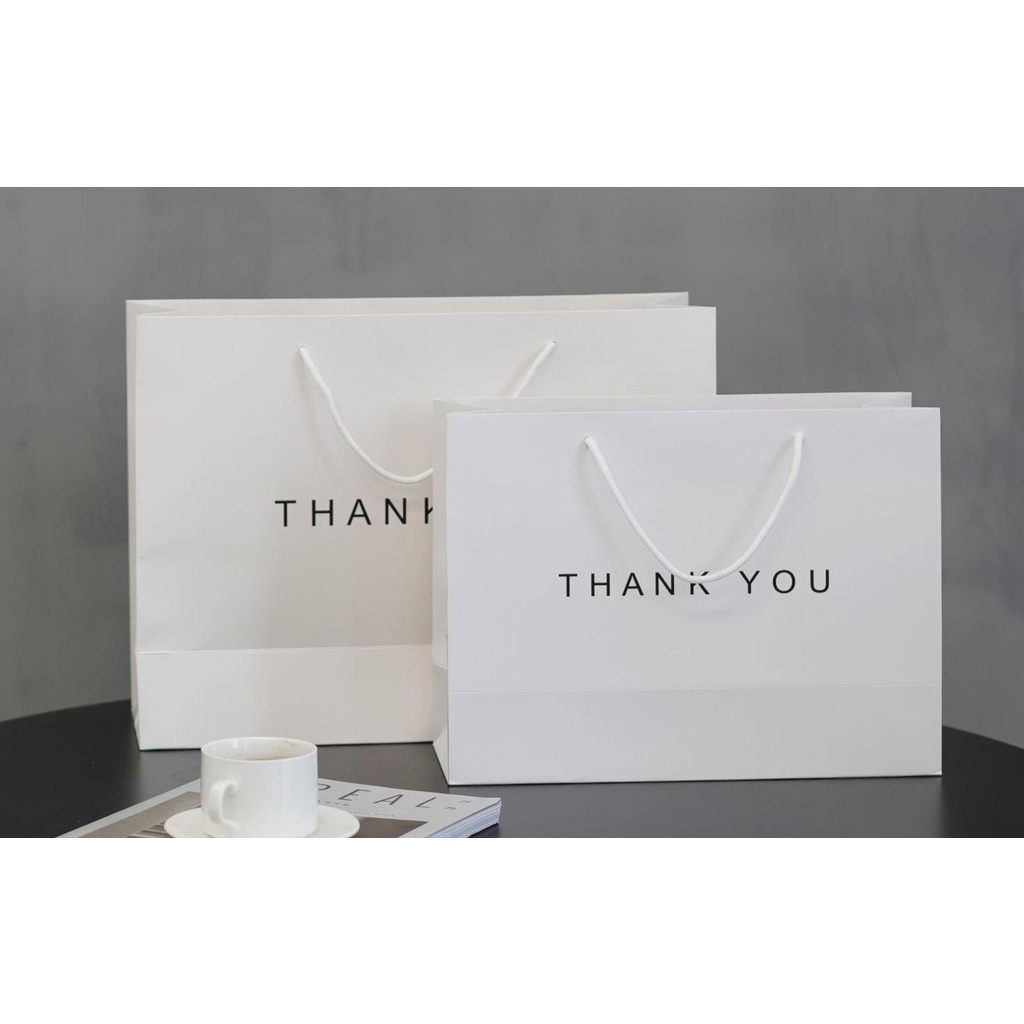 Túi giấy kraft Classy Thank You có quai xách màu trắng, nhiều kích cỡ lựa chọn Q1352