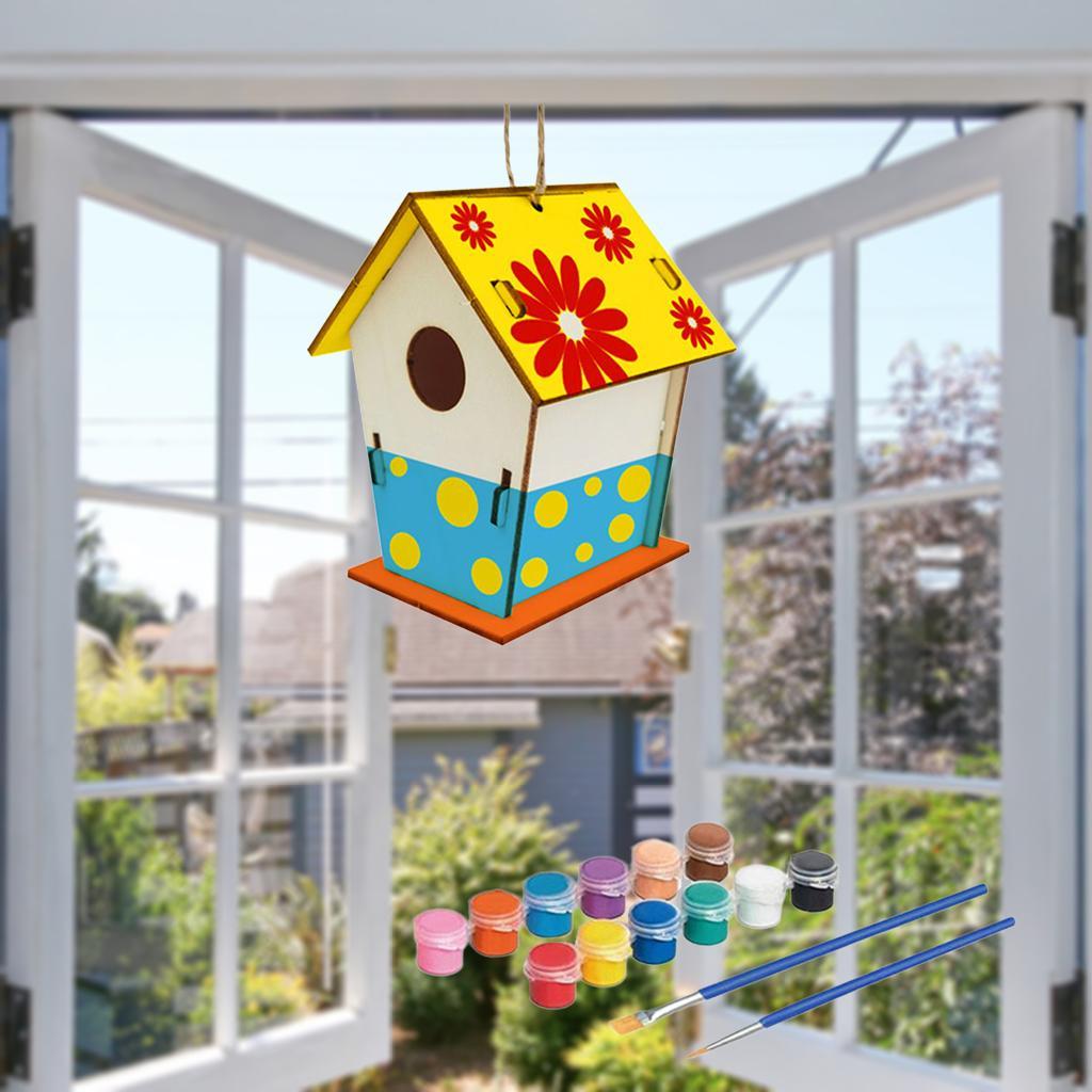 3x  House Unpainted Build Paint Hanging Wooden Birdhouse Set