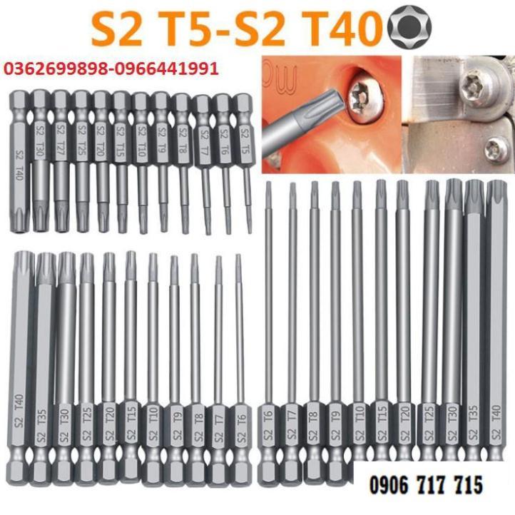 Bộ lục giác hoa thị có lỗ cho khoan dài từ 50-75-100-150mm cho khoan pin và khoan điện chất liệu thép S2 siêu cứng