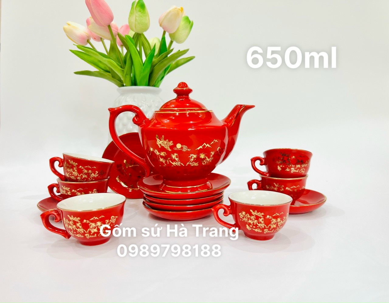 Bộ trà đèn thần men đỏ dung tích 650ml gốm sứ Bát Tràng cao cấp hoạ tiết mã đáo thành công