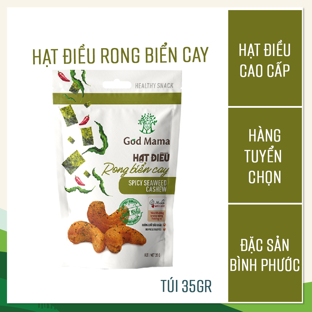 Hạt điều tẩm vị Rong Biển Cay God Mama - 35g. Nguồn nguyên liệu từ Bình Phước - vườn điều ngon nhất Việt Nam. Ăn vặt tốt cho sức khỏe