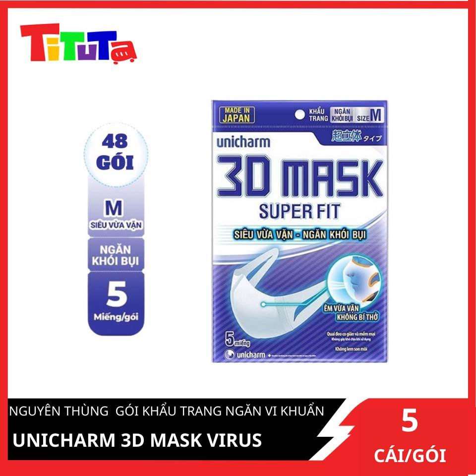 Thùng 48 Gói Khẩu Trang Ngăn Khói Bụi Unicharm 3D Mask Super Fit Size M (5 Miếng/Gói)