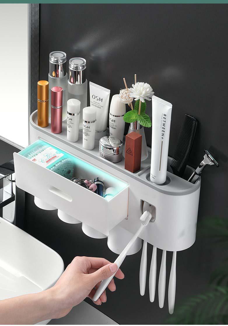 Bộ kệ bàn chải đánh răng kèm 4 cốc có ngăn kéo dán tường đa năng