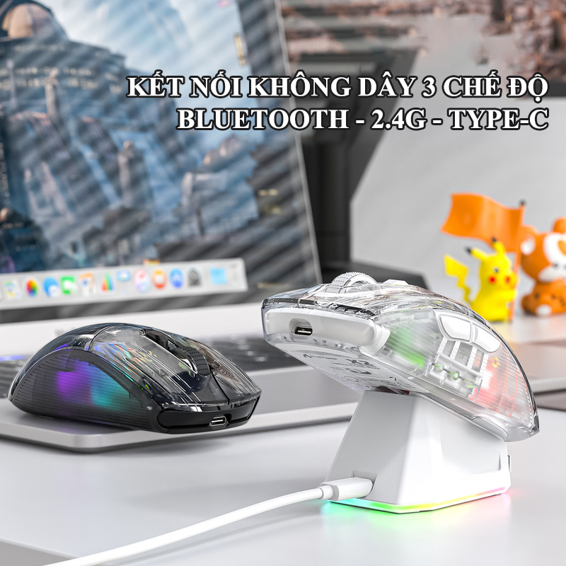 Chuột không dây Attack Shark X2Pro RGB kết nối 3 chế độ với thiết kế trong suốt kèm theo đế sạc nam châm led RGB cực đẹp - Hàng Chính Hãng