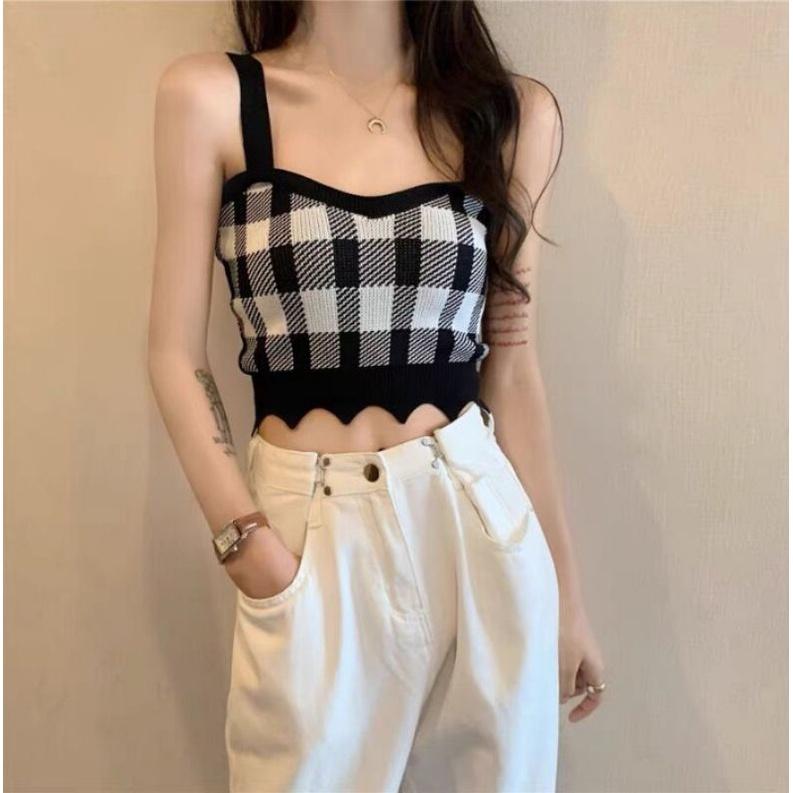 Áo len 2 dây dáng ngắn kẻ caro siêu xinh, free size từ 35_60kg