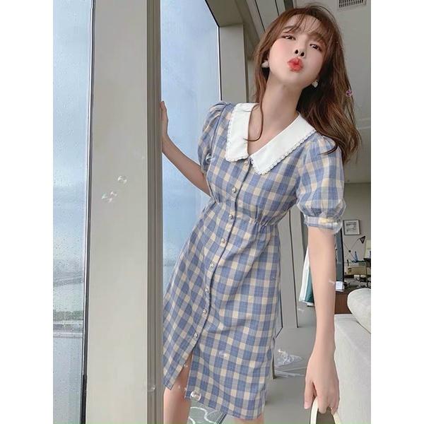 Đầm suông sọc caro xanh dương cổ bèo siêu dễ thương