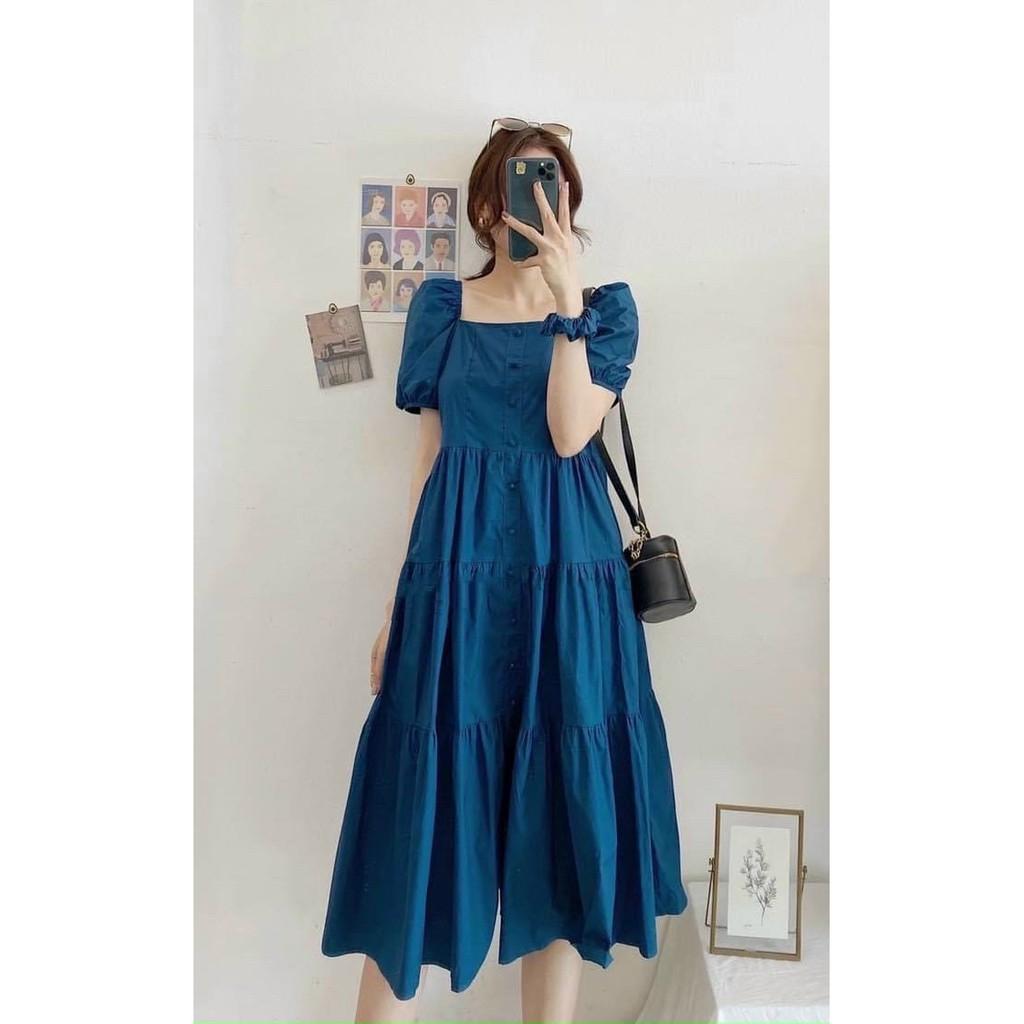 Váy Xanh Babydoll tay bồng chân xếp, Váy babydoll dáng xòe siêu xinh