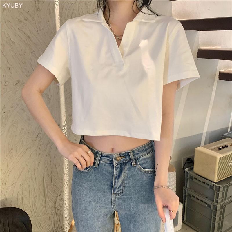 Áo Croptop Kiểu Nữ Ôm Body SANMAY Polo có cổ sơ mi thun Tay Ngắn Form Rộng sexy Cá tính thể thao màu trắng đen AO018