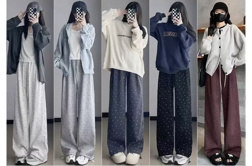 Quần suông ống rộng ống đứng chấm bi phong cách Hàn Quốc từ 40-60kg dành cho nữ