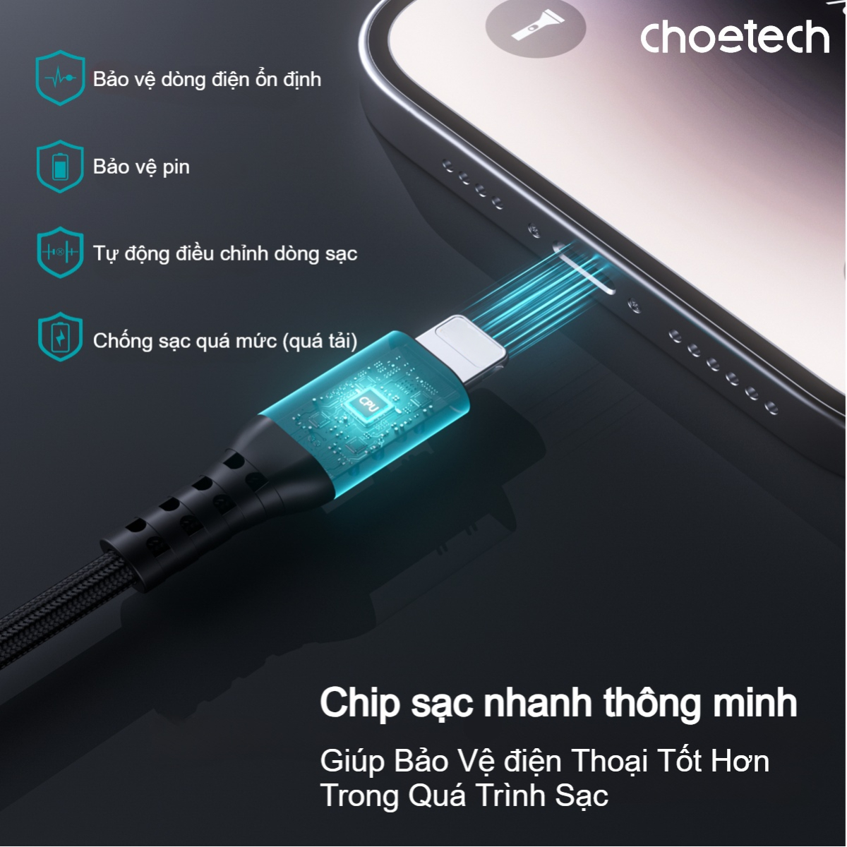 Cáp sạc nhanh và truyền dữ liệu Type C to iP Choetech XCL-1021 công suất 20W dài 1m8 - Hàng chính hãng