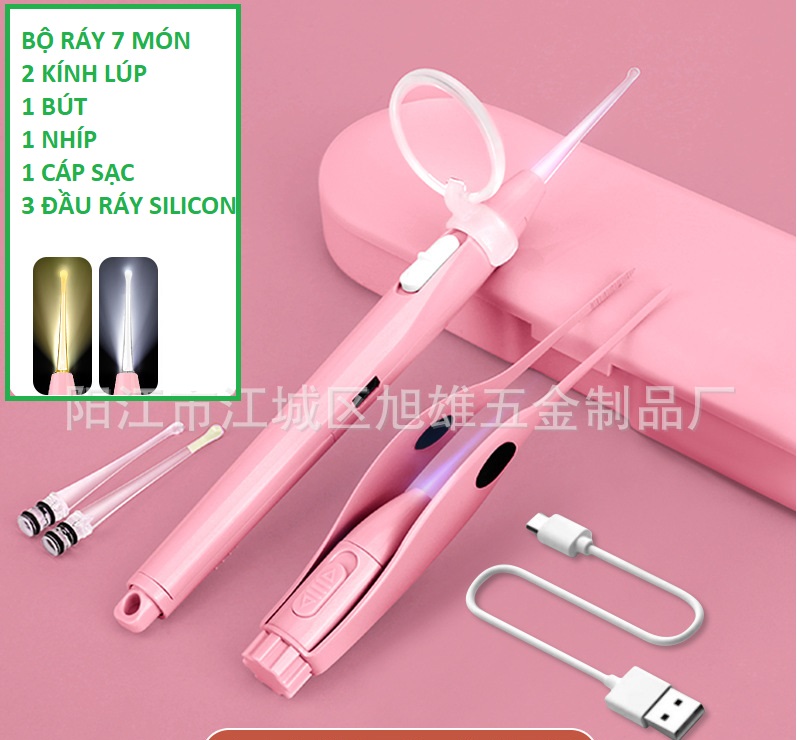 (pin sạc) Trọn bộ ráy tai sạc bin có đèn led tiêu chuẩn 7 món - dụng cụ lấy rấy tay - chăm sóc tai cao cấp dành cho bé yêu - cho mọi gia đình - Bộ dụng cụ lấy ráy tai + nhíp có đèn led siêu sáng