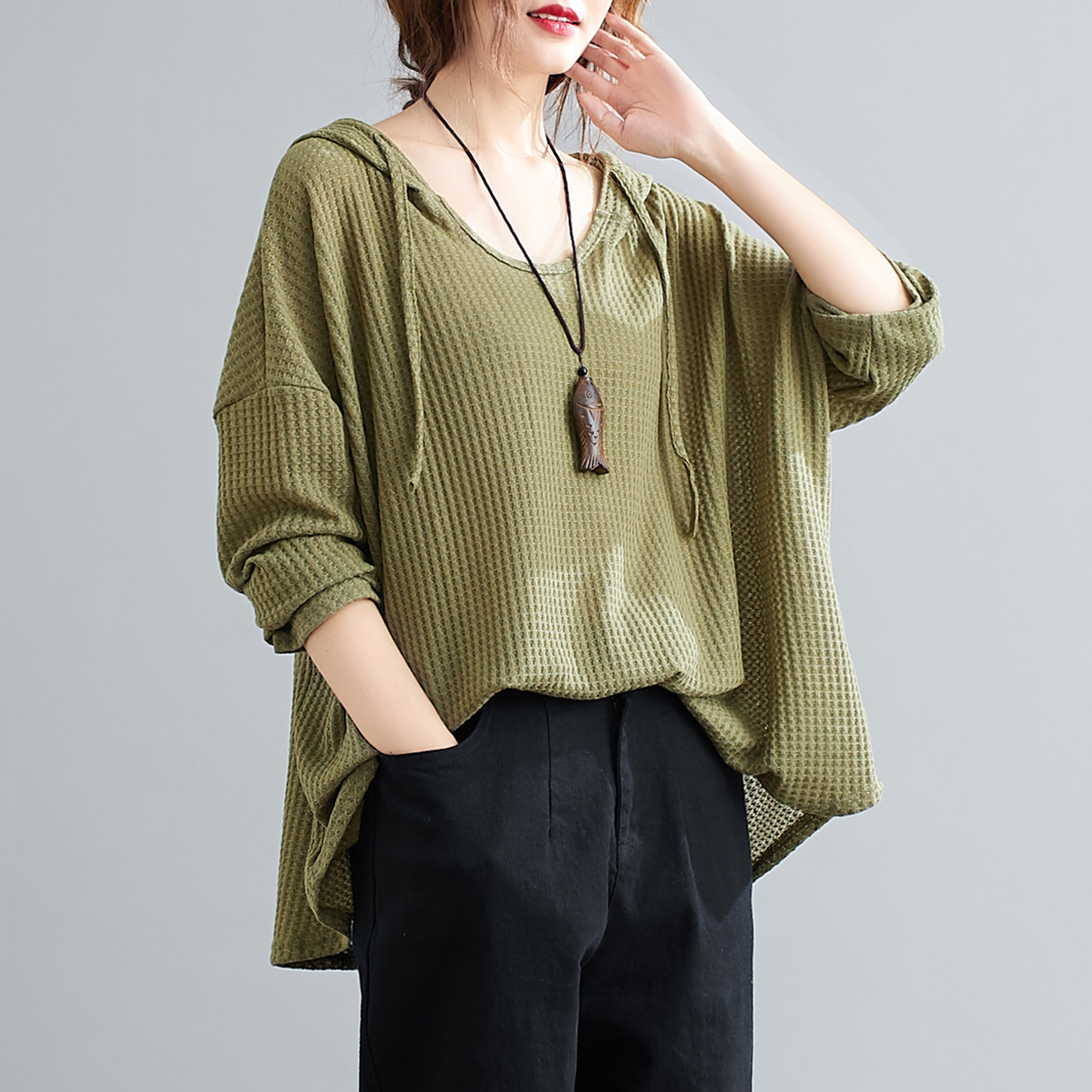 Women Hoodie Drawstring Long Sleeve Solid Color Loose Hooded Sweater Knit Pullover Casual Spring Autumn Plus Size