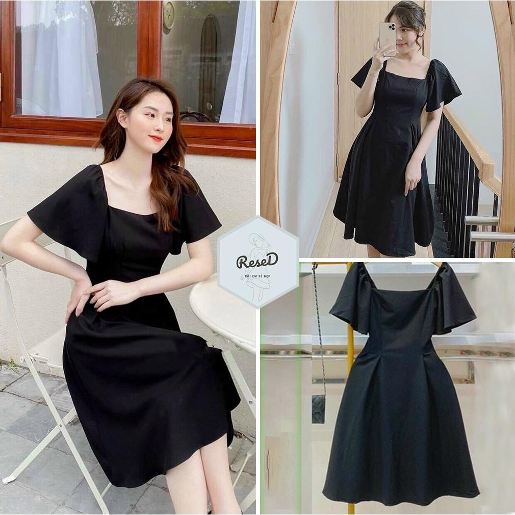 Đầm Midi cổ chữ U màu đen quyến rũ thời trang ReseD