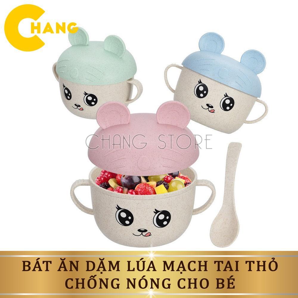 Bát Ăn Dặm Lúa Mạch Chống Nóng Có Nắp Hình Tai Thỏ Tặng Thìa Cho Bé