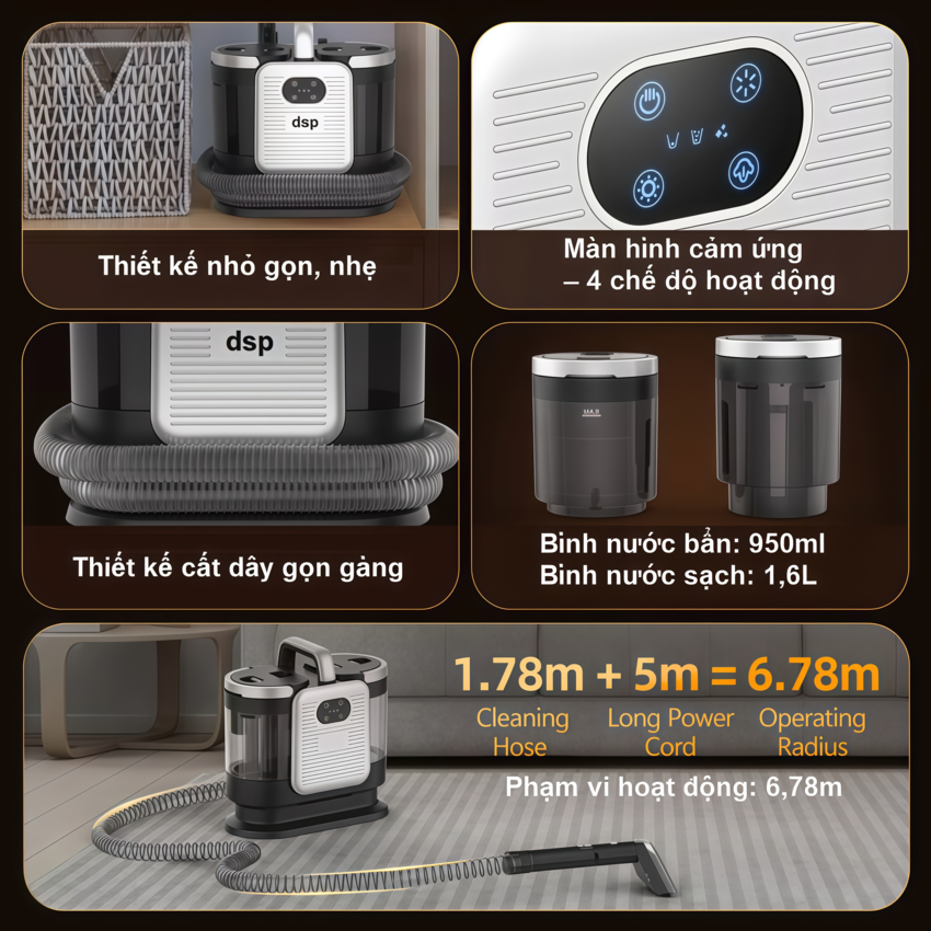 Máy giặt nệm, thảm, sofa bằng hơi nước nóng 4 trong 1 thương hiệu Nga cao cấp DSP KD2065 - Hàng nhập khẩu