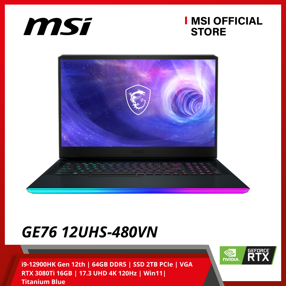 Laptop MSI GE76 Raider 12UHS-480VN (i9-12900HK Gen 12th | 64GB DDR5 | SSD 2TB PCIe | VGA RTX 3080Ti 16GB | 17.3 UHD 4K 120Hz | Win11| Titanium Blue) - Hàng Chính Hãng