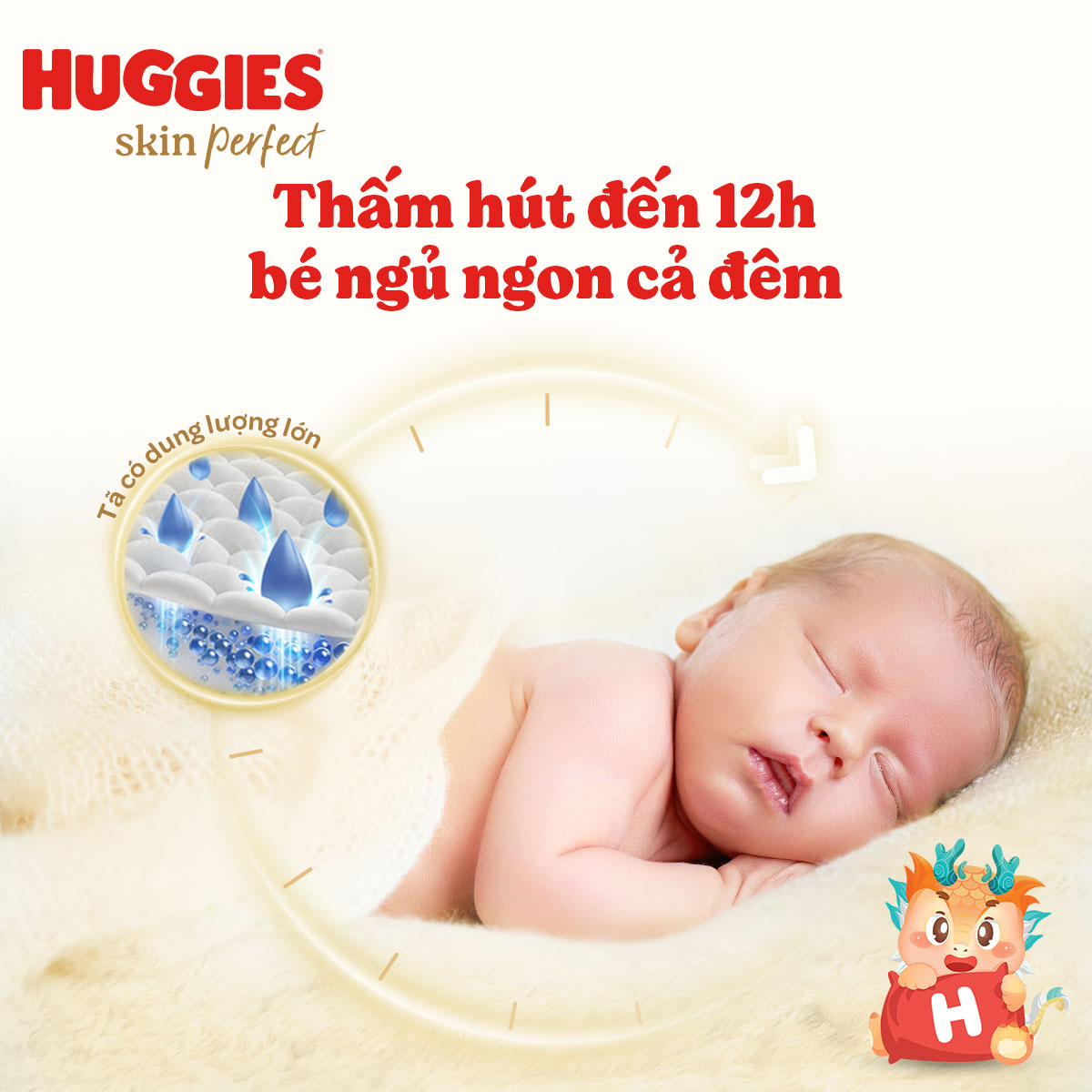 Tã quần Huggies Skin Perfect phiên bản Rồng giới hạn Mega Jumbo M98+4 miếng với 2 vùng thấm giảm kích ứng da