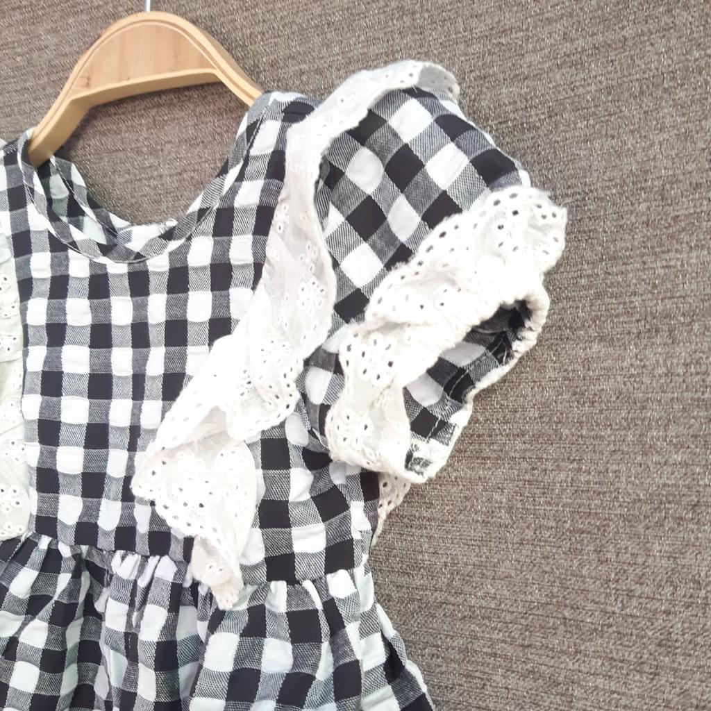 Váy hè cho bé gái 1-12 tuổi cộc tay hàng thiết kẻ caro cổ phối ren, Đầm babydoll trẻ em thoáng mát