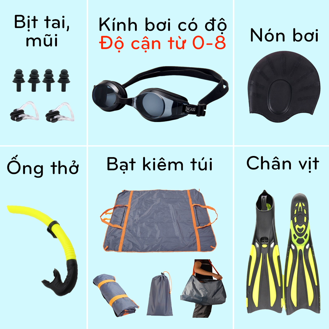 [COMBO 6 MÓN] Kính Bơi Cận Kèm Mũ Bơi, Chân Vịt, Bịt Tai Mũi, Ống Thở, Bạt Kiêm Túi Đi Biển Du Lịch Legaxi