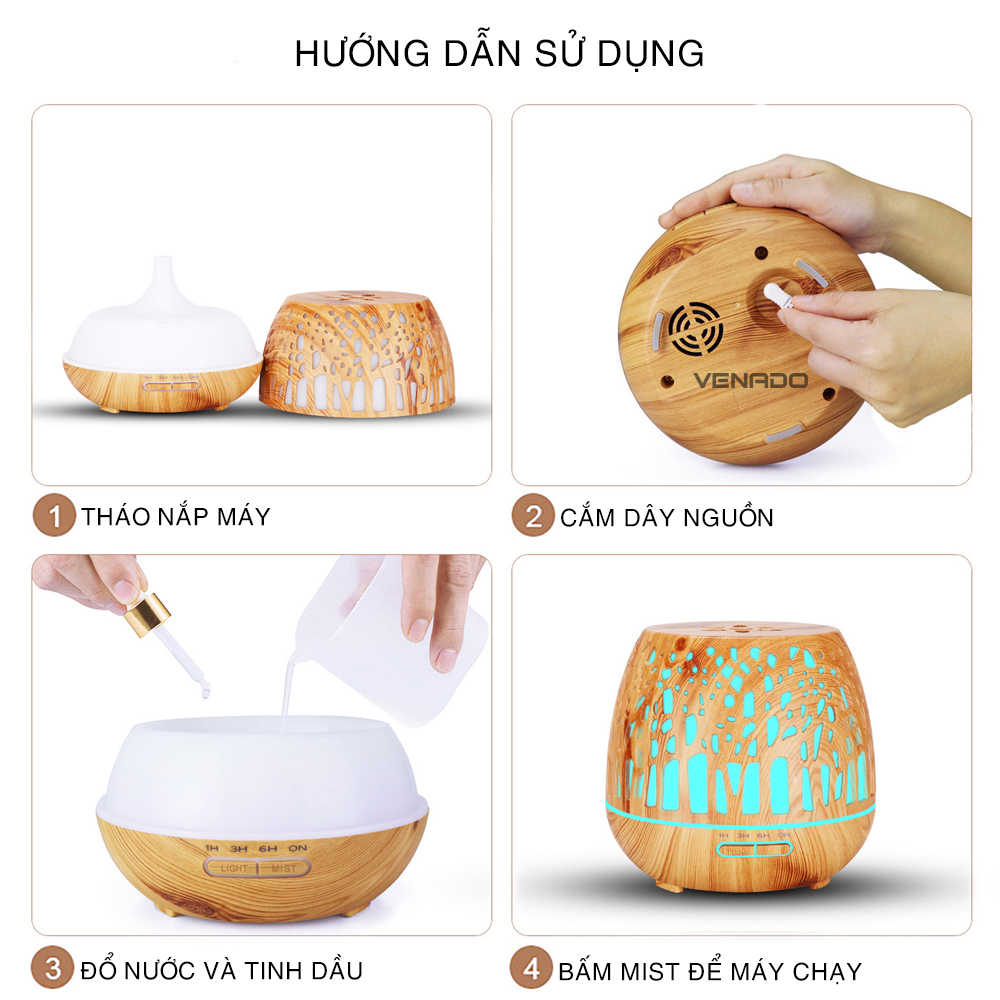 Máy xông tinh dầu Đèn Lồng hình Cây vân gỗ led nhiều màu 500ml có remote Venado