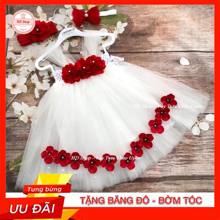 Đầm công chúa cho bé ️️ Đầm công chúa cho bé gái trắng đính hoa hồng đỏ tú cầu